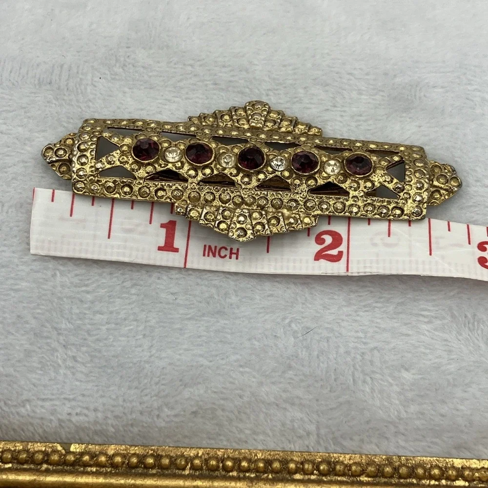 Art Deco Clear Red Rhinestones Bar Brooch Gold Tone Great Gatsby Flapper Glamour